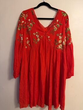 Embroidered Red Mini Dress with V-Neck
